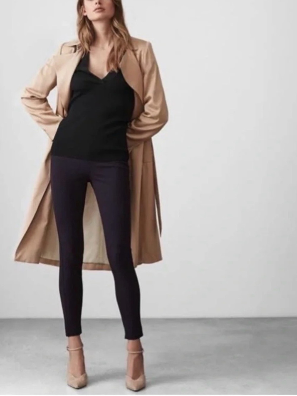 Reiss Beige Trench with Black Skinny Pants